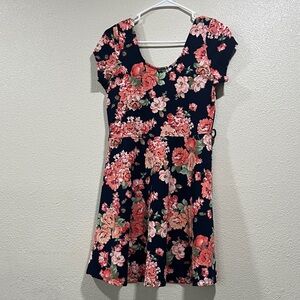 Iris Floral Scoop Neck Fit-and-Flare Dress in Navy and Coral